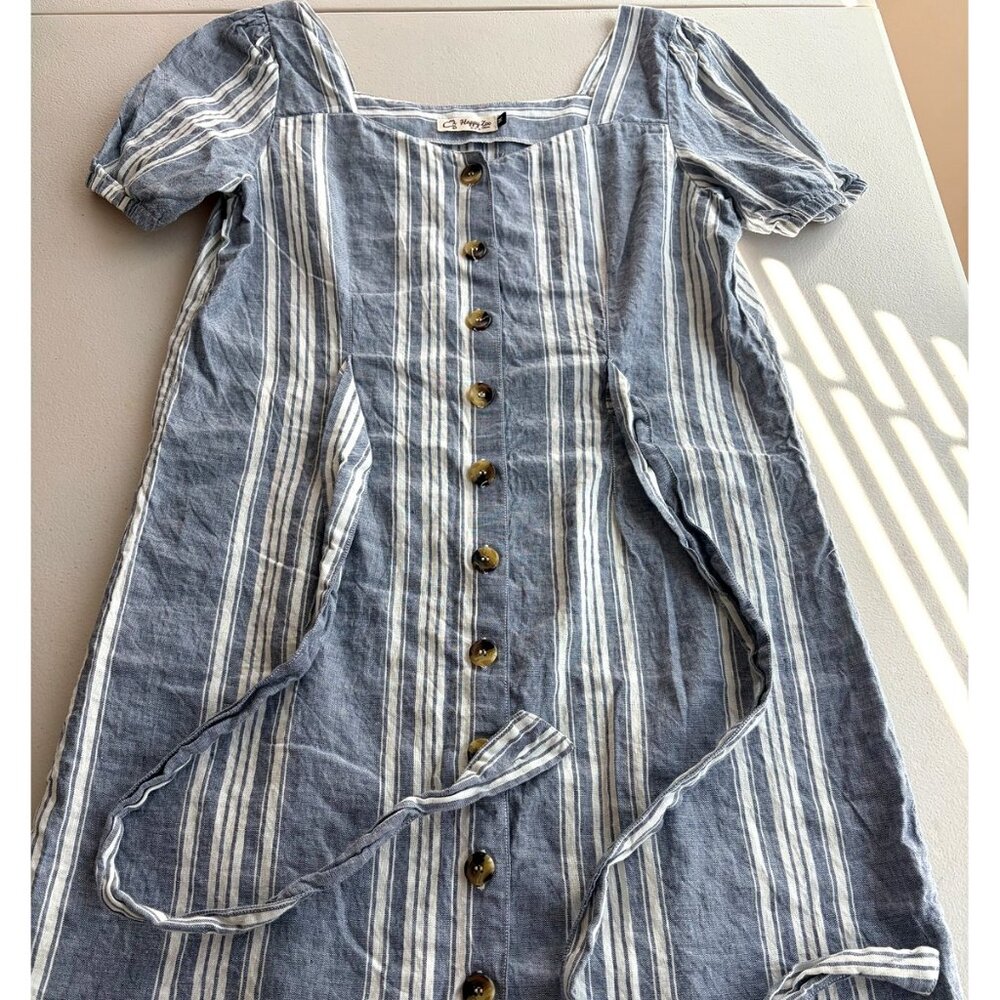 Striped Puff Sleeve Dress | Cottagecore Tie Waist | Blue White Summer Mini Dress
